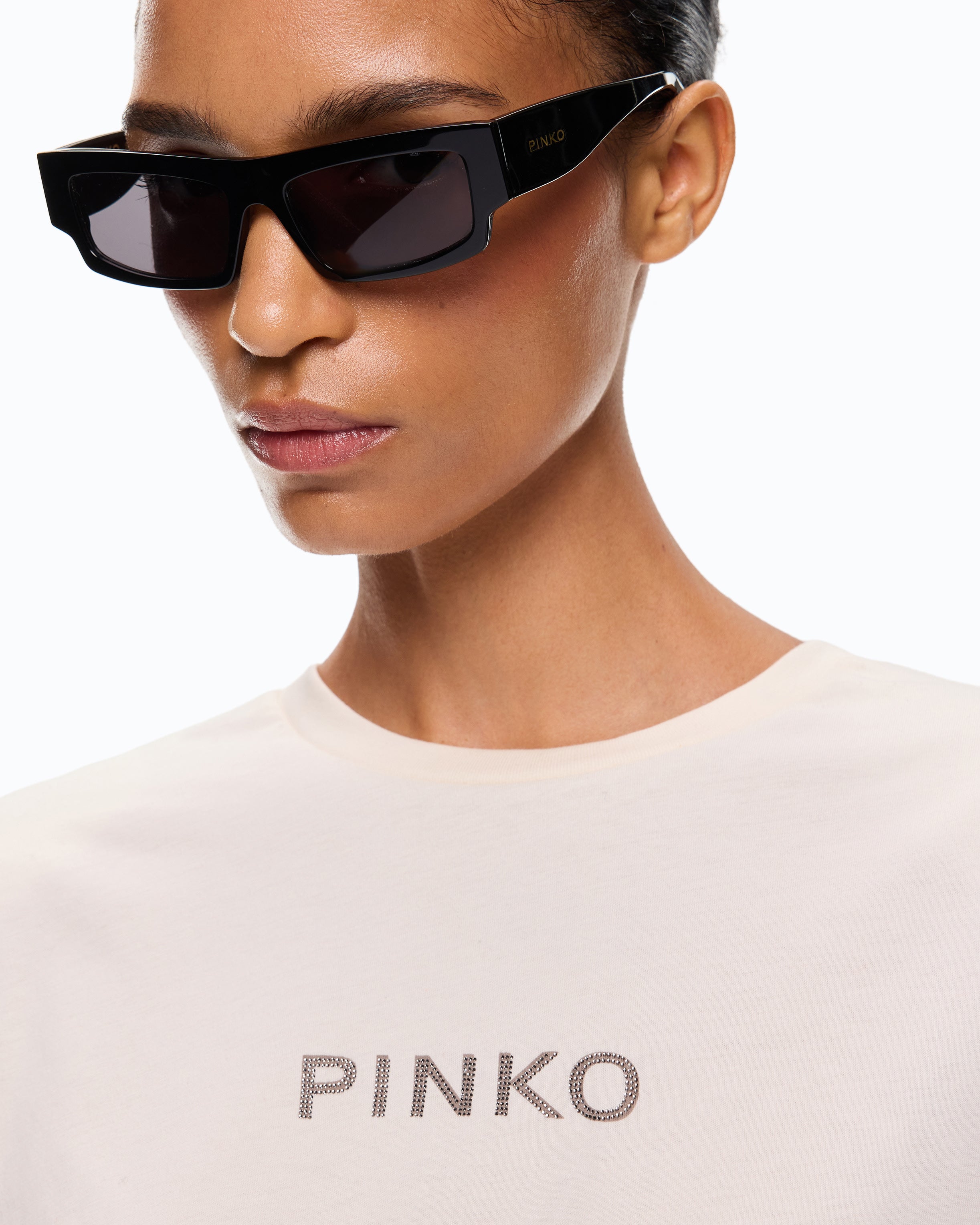 Pinko Strepitoso Too Glam T-shirt beżowy z kryształkami