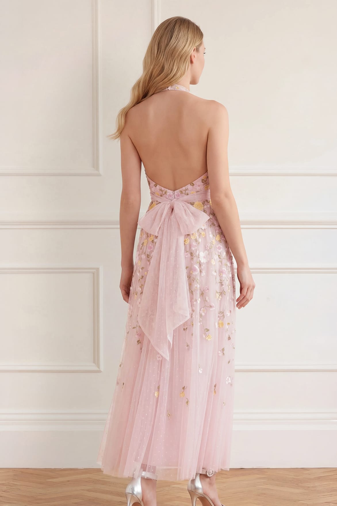 Needle & Thread Trailing Roses Halter Gown suknia różowa z haftem