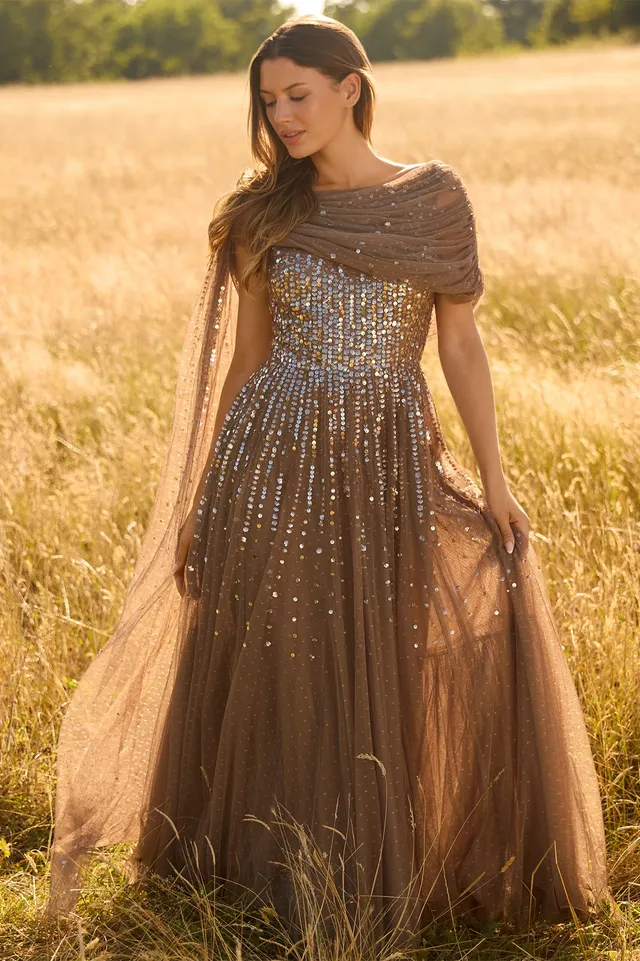 Needle & Thread Moonlight Draped suknia brązowa maxi