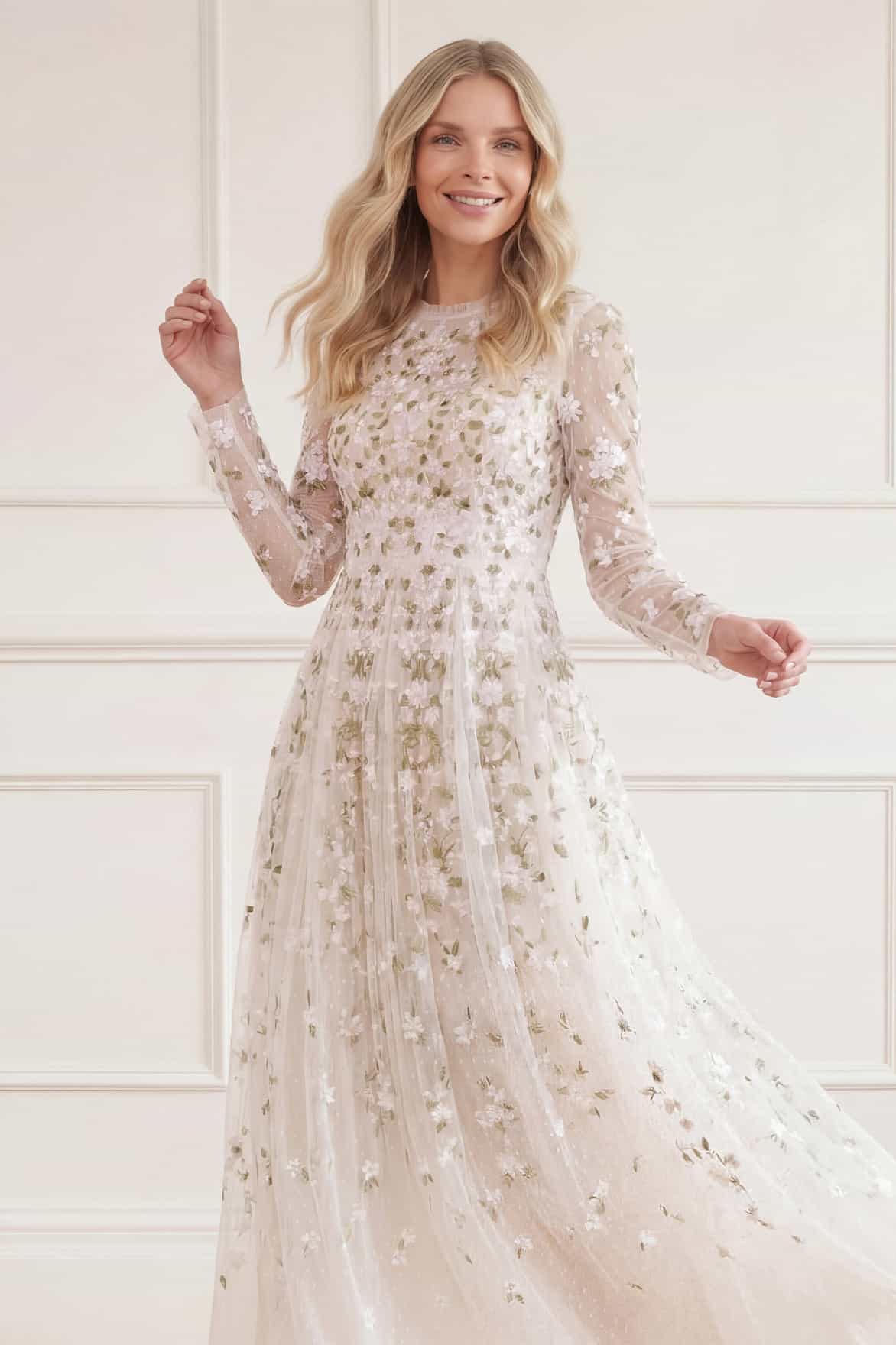 Needle & Thread Camellia Ditsy Ankle Gown sukienka cream haftowana