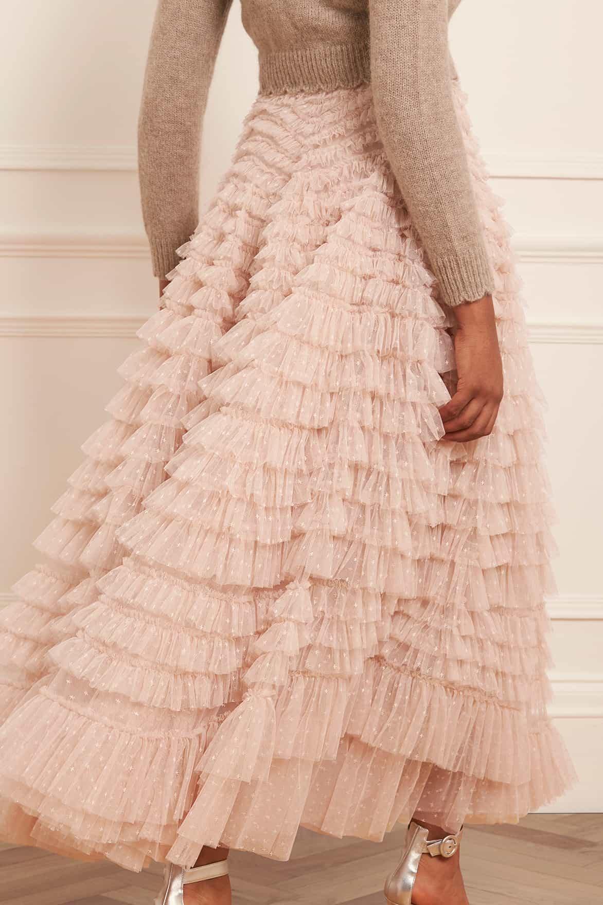 Needle & Thread Hattie Ruffle Ankle Skirt spódnica beżowa tiul