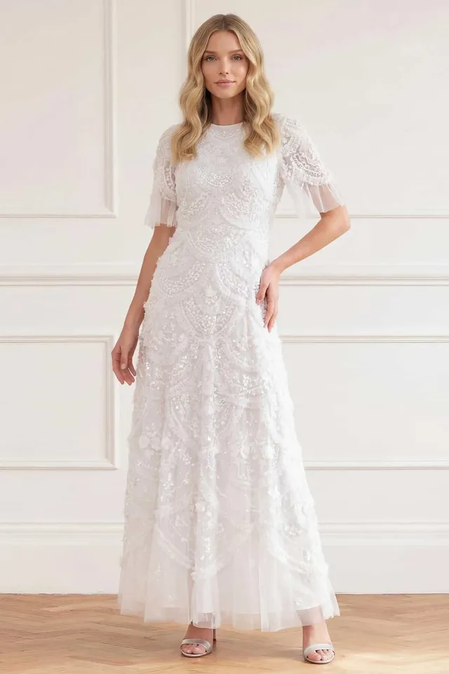 Needle & Thread Carmen Ruffle Ankle Gown sukienka biała tiul