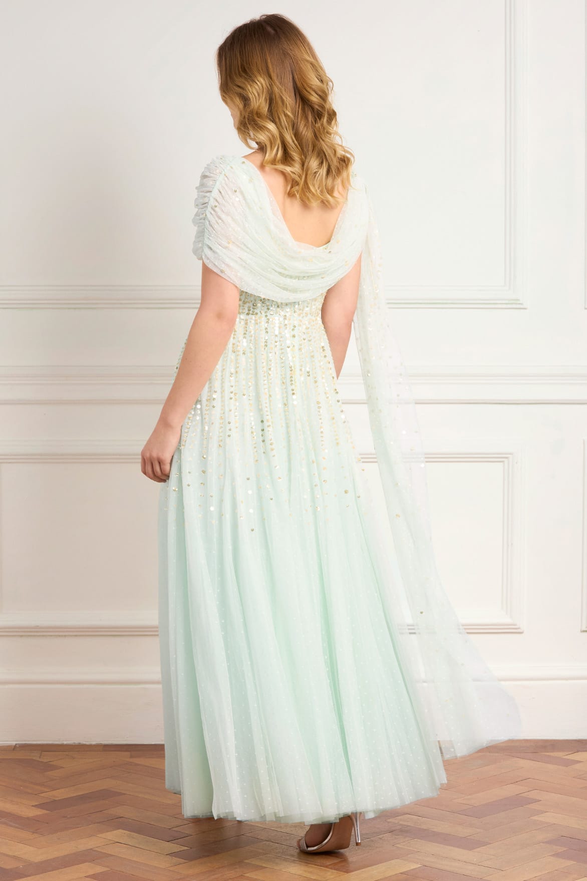 Needle & Thread Moonlight Sequin Draped Gown sukienka zielona cekinowa