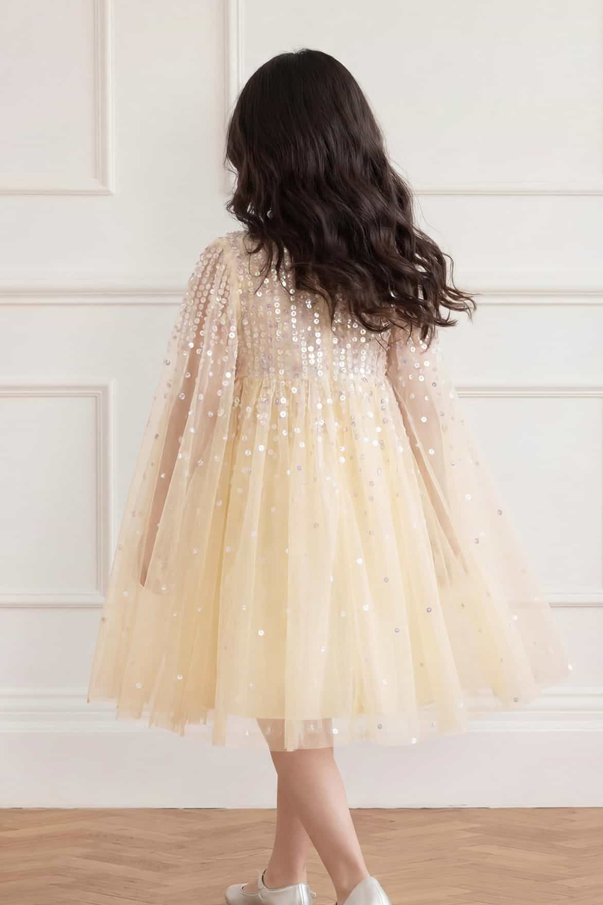 Needle & Thread Moonlight Sequin Cape Kids Dress sukienka żółta cekinowa