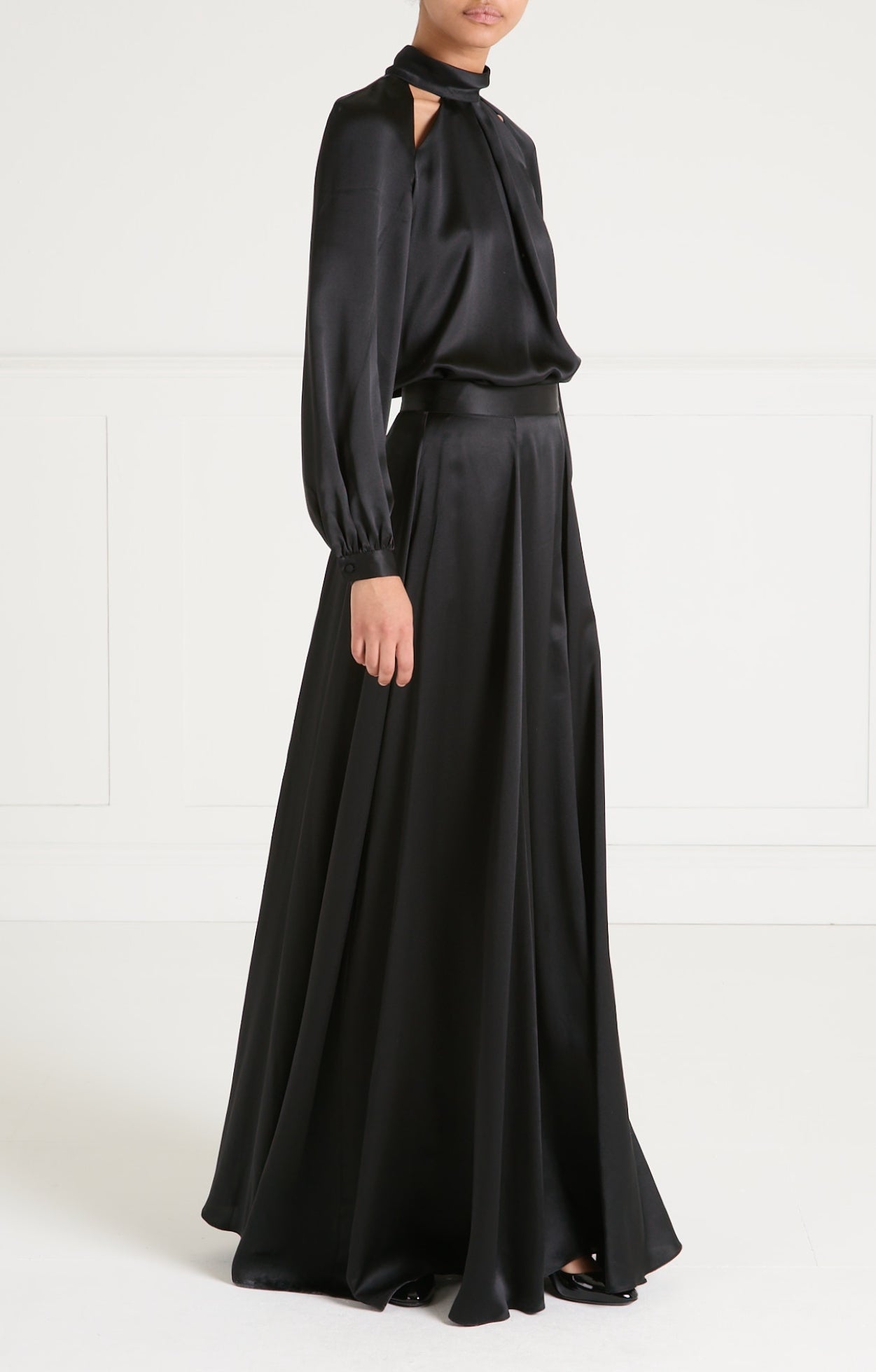 Temperley London Amerie Satin Skirt spódnica czarna maxi jedwab