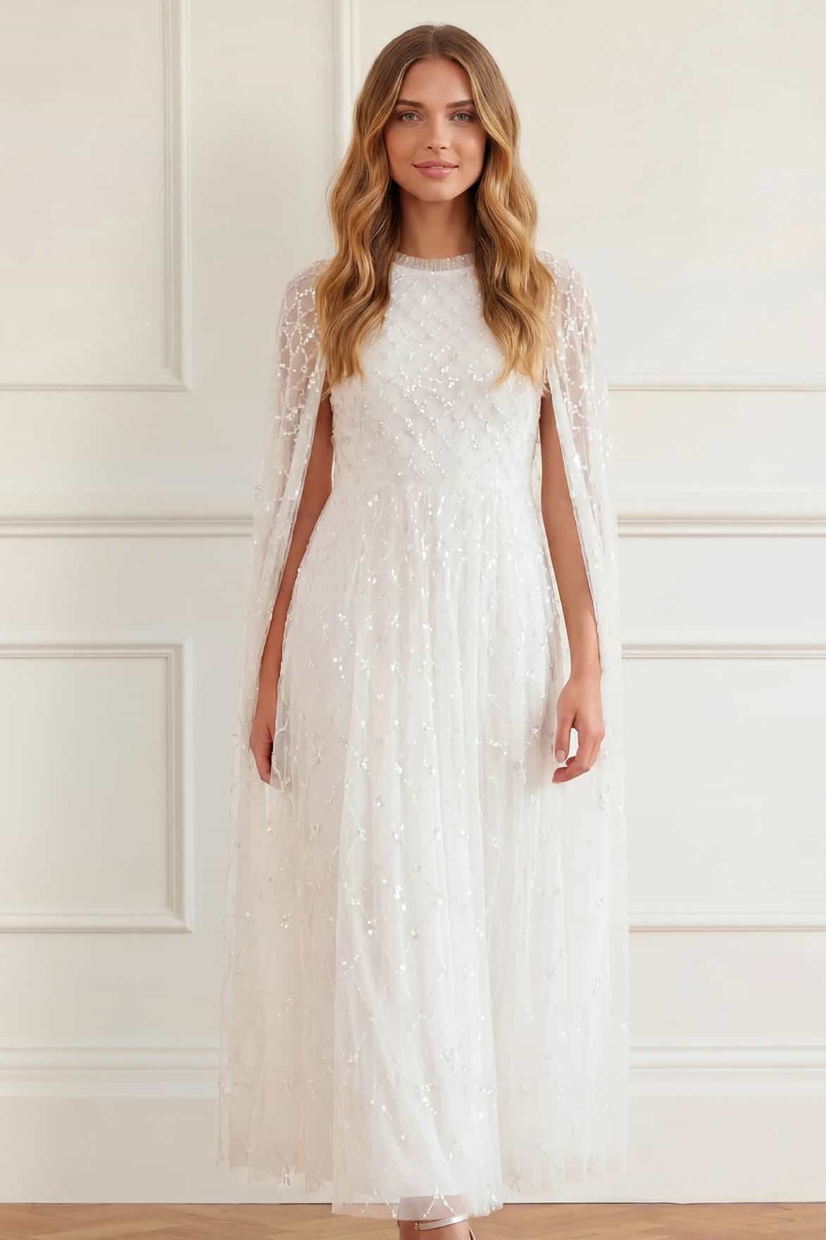 Needle & Thread Heart Lattice Ankle Gown sukienka biała cekinowa