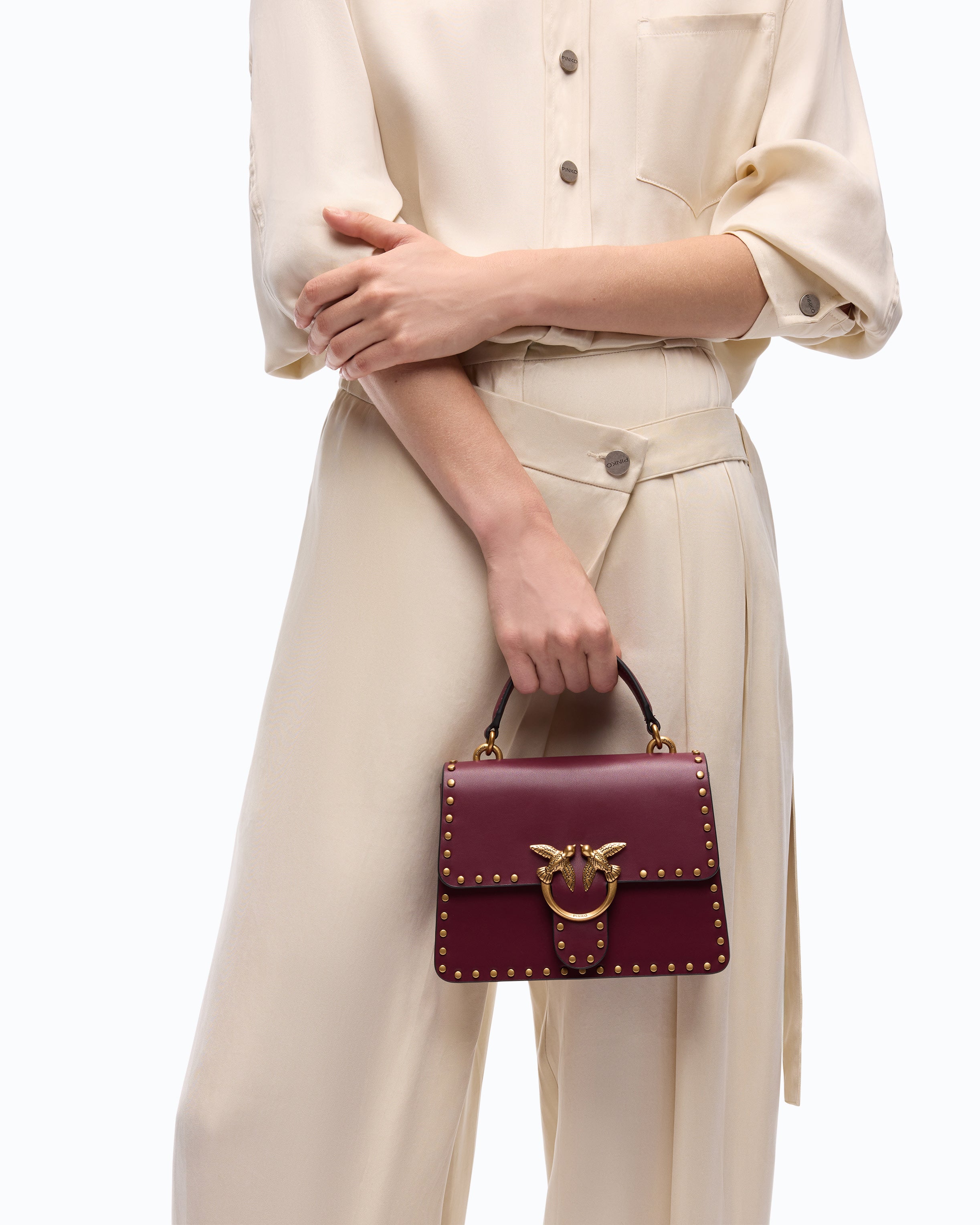 Pinko Top Handle Mini torebka bordowa skóra ćwieki