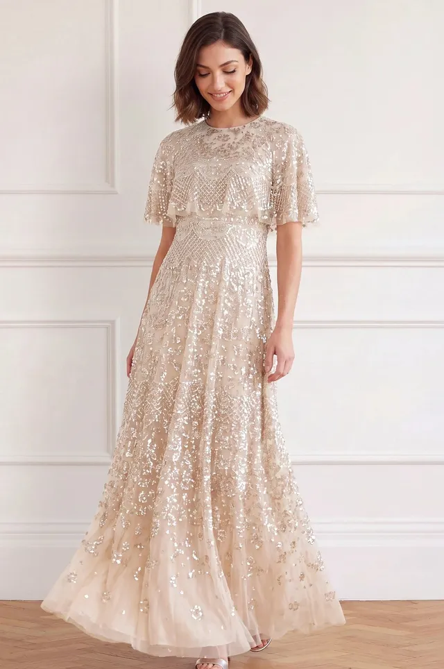 Needle & Thread Snowdrop Cape Gown suknia beżowa