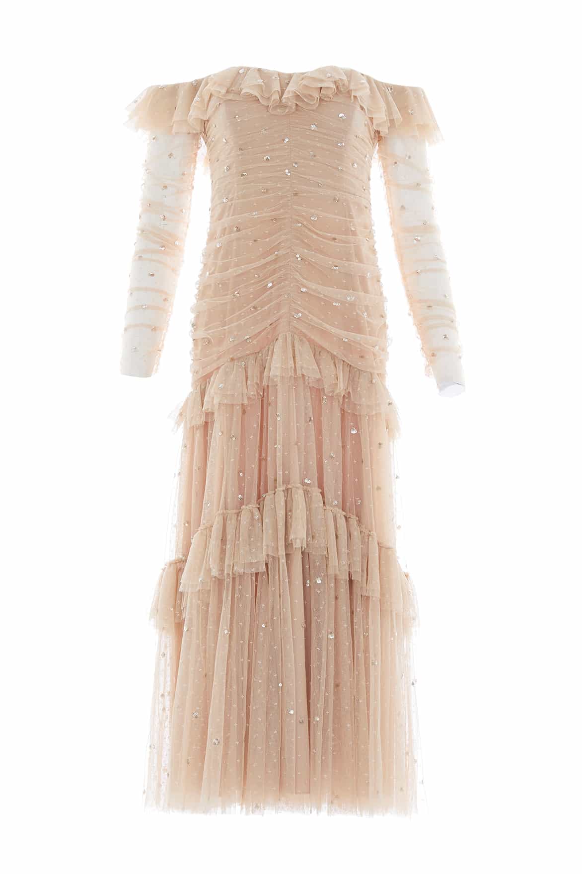 Needle & Thread Sequin Glimmer Rouched Off-Shoulder Gown suknia beż