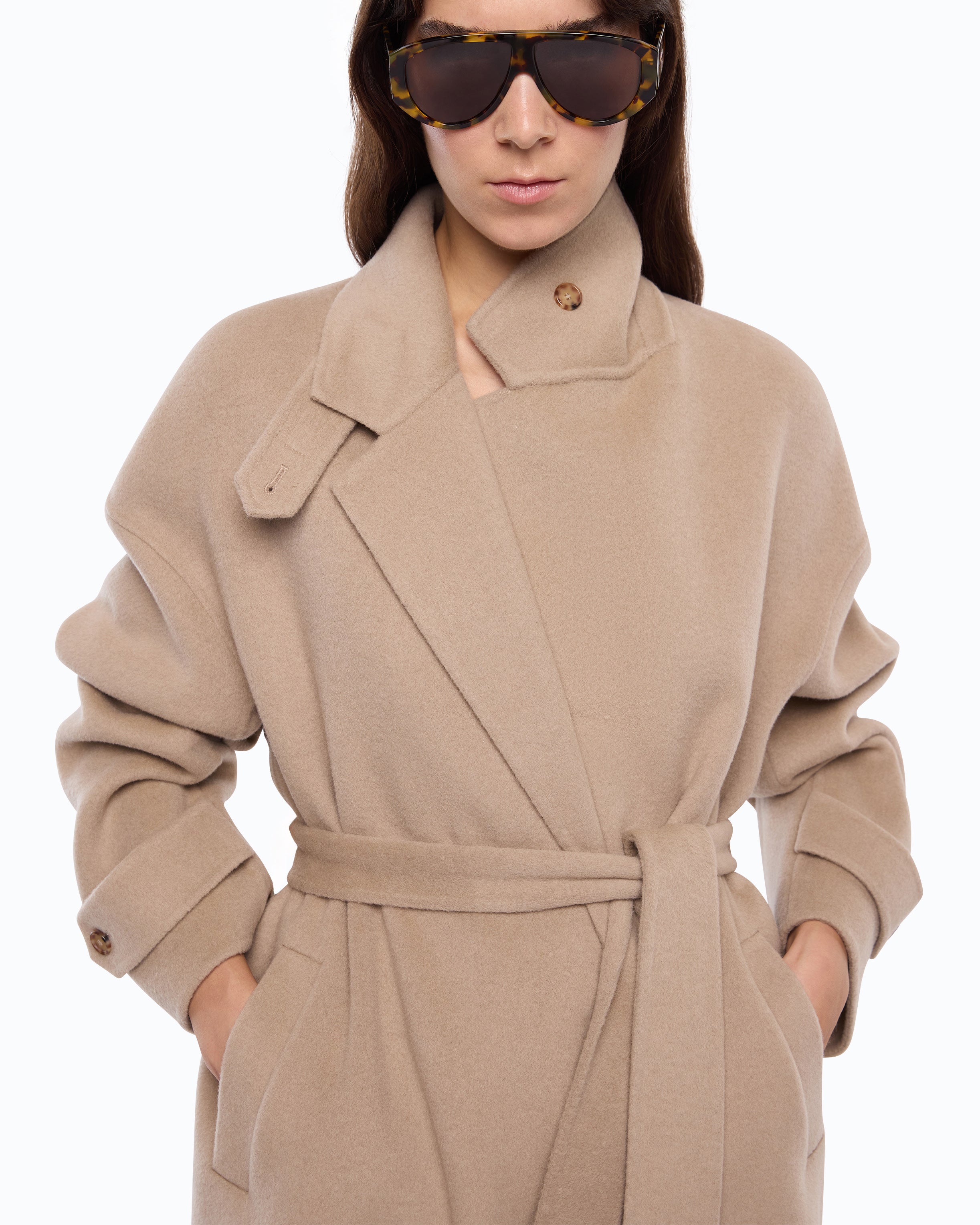 Pinko Casella płaszcz wełniany beżowy oversize z paskiem