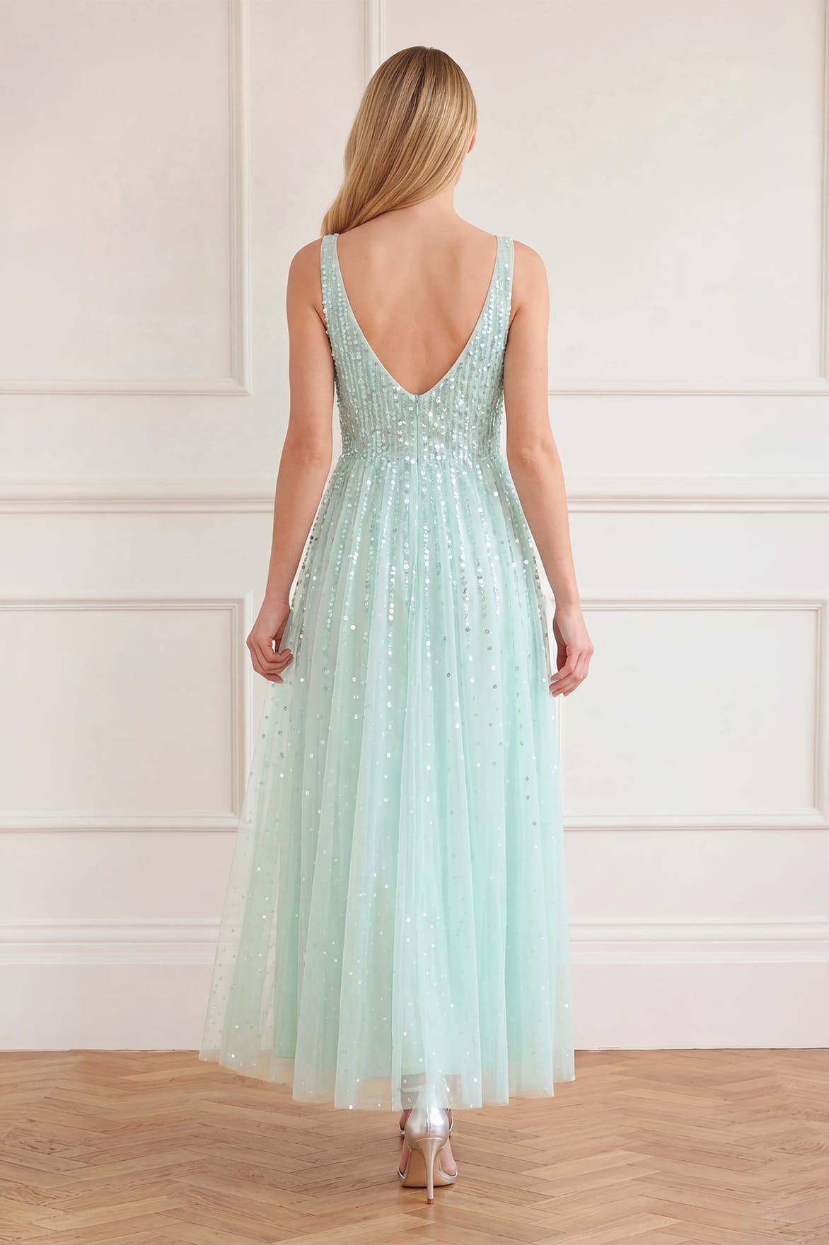 Needle & Thread Moonlight Sequin Cowl Gown sukienka zielona cekinowa