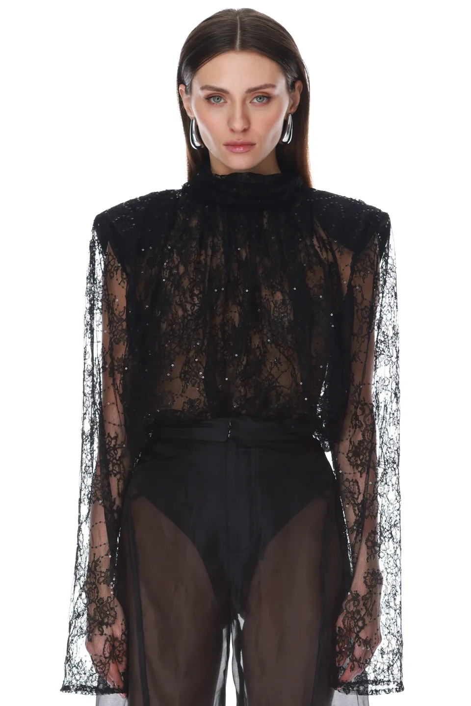 Bronx and Banco Sequin Lace body czarne z długim rękawem