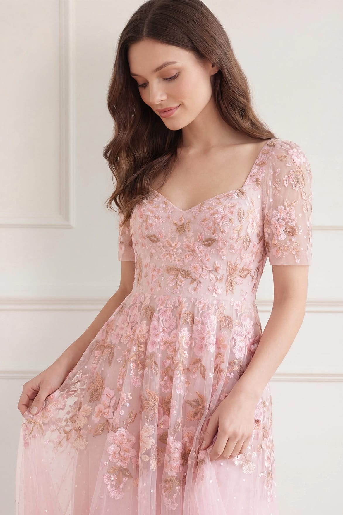 Needle & Thread Wisteria Dot Short Sleeve sukienka różowa haftowana