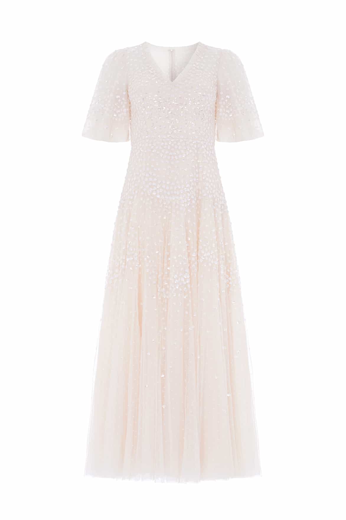 Needle & Thread Scallop Sequin V-Neck Ankle Gown suknia kremowa