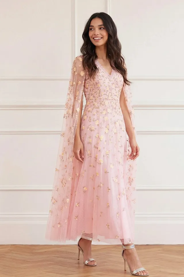 Needle & Thread Lea Ditsy Cape Sleeve Ankle Gown sukienka Pink