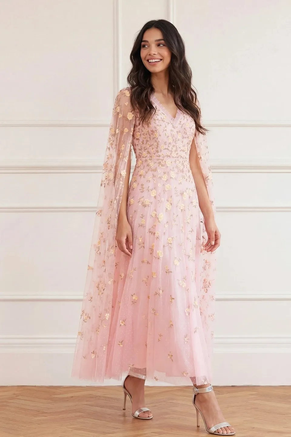 Needle & Thread Lea Ditsy Cape Sleeve Ankle Gown sukienka Pink