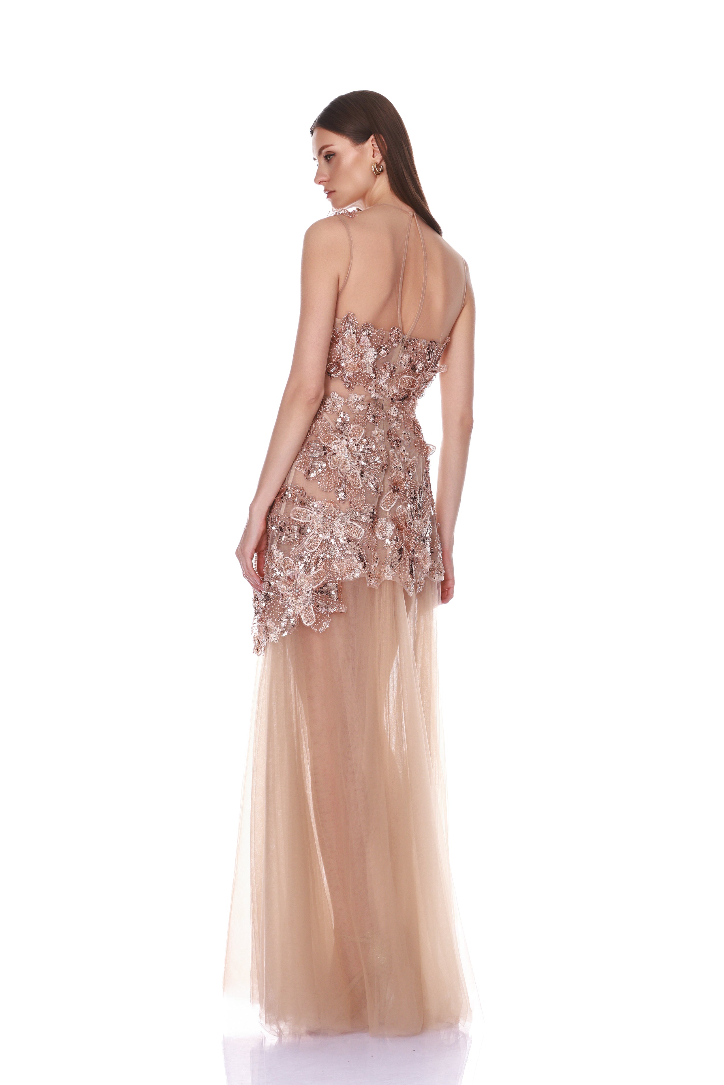 Bronx and Banco Layla Sequin Floral sukienka maxi nude