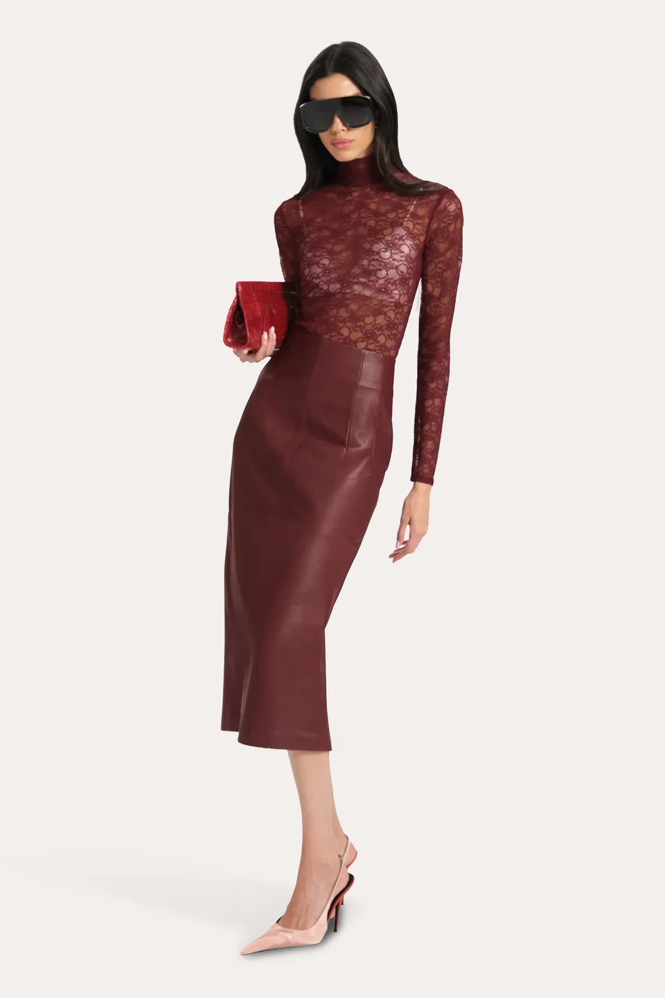 Elie Tahari Brooklyn spódnica skórzana Jester Red midi