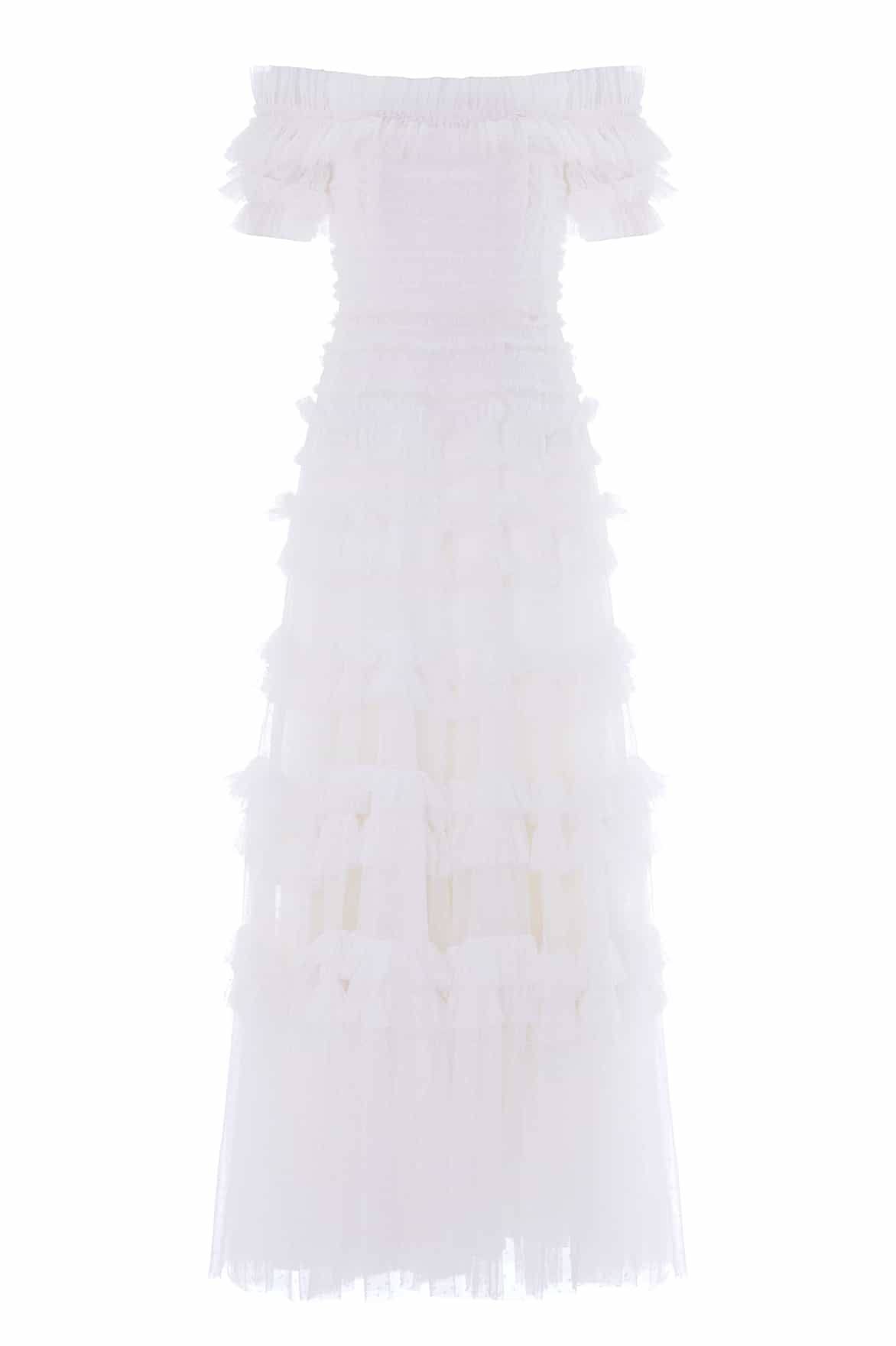 Needle & Thread Lisette Ruffle Off-Shoulder Gown suknia biała