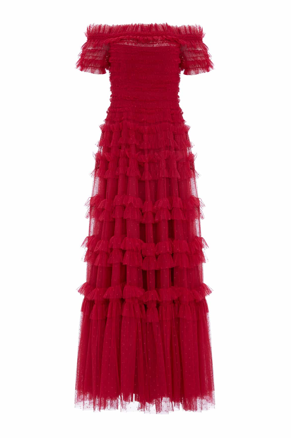 Needle & Thread Lisette Ruffle Off Shoulder sukienka bordowa