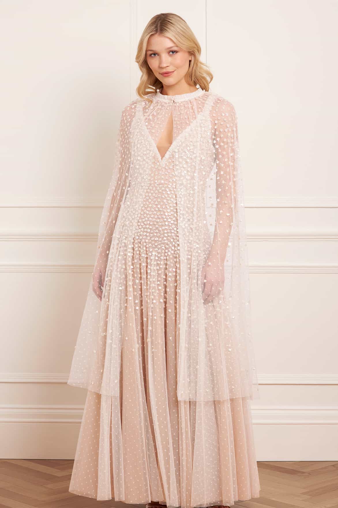 Needle & Thread Sequin Cascade Midaxi Open Cape kremowa