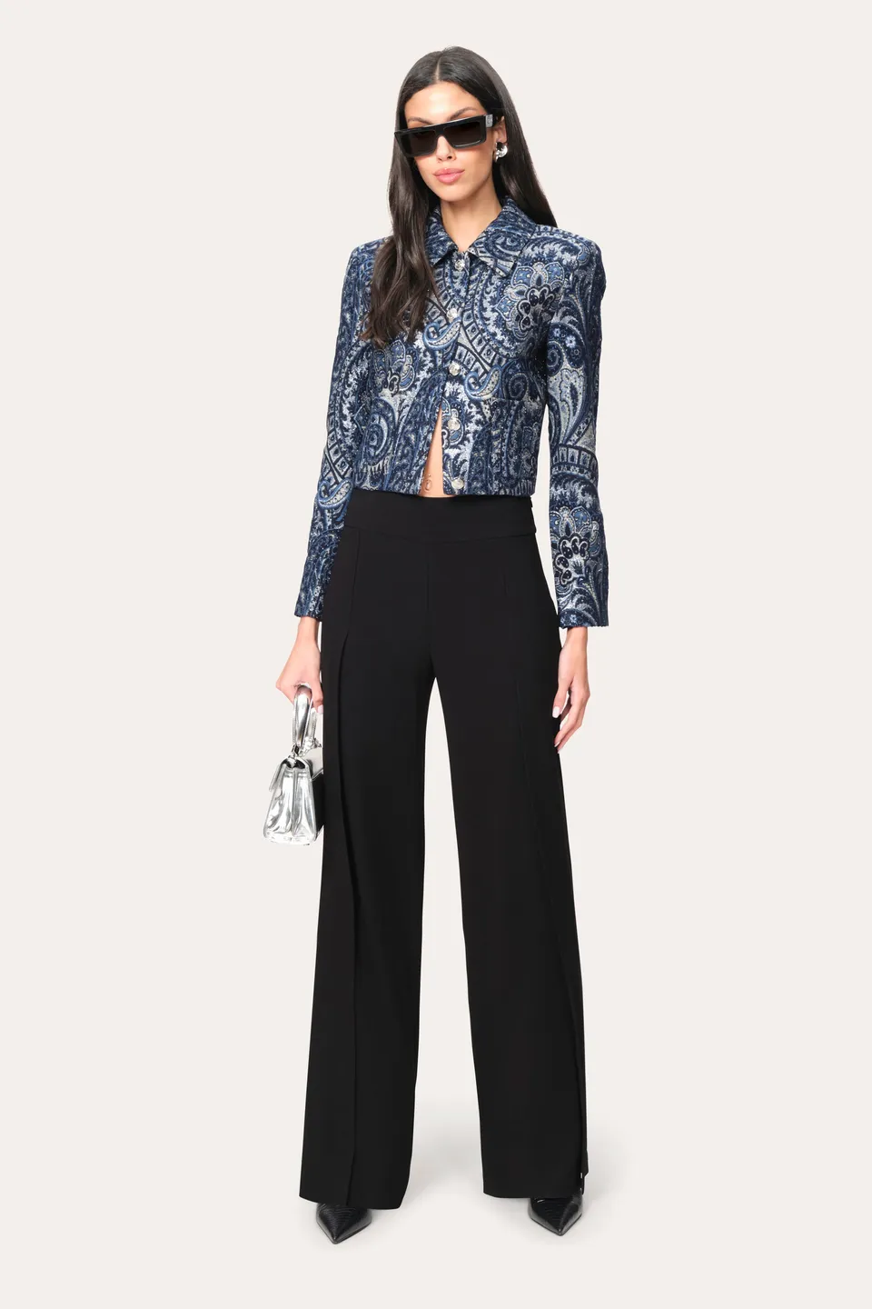 Elie Tahari Crepe Overlay Slit spodnie czarne wide leg