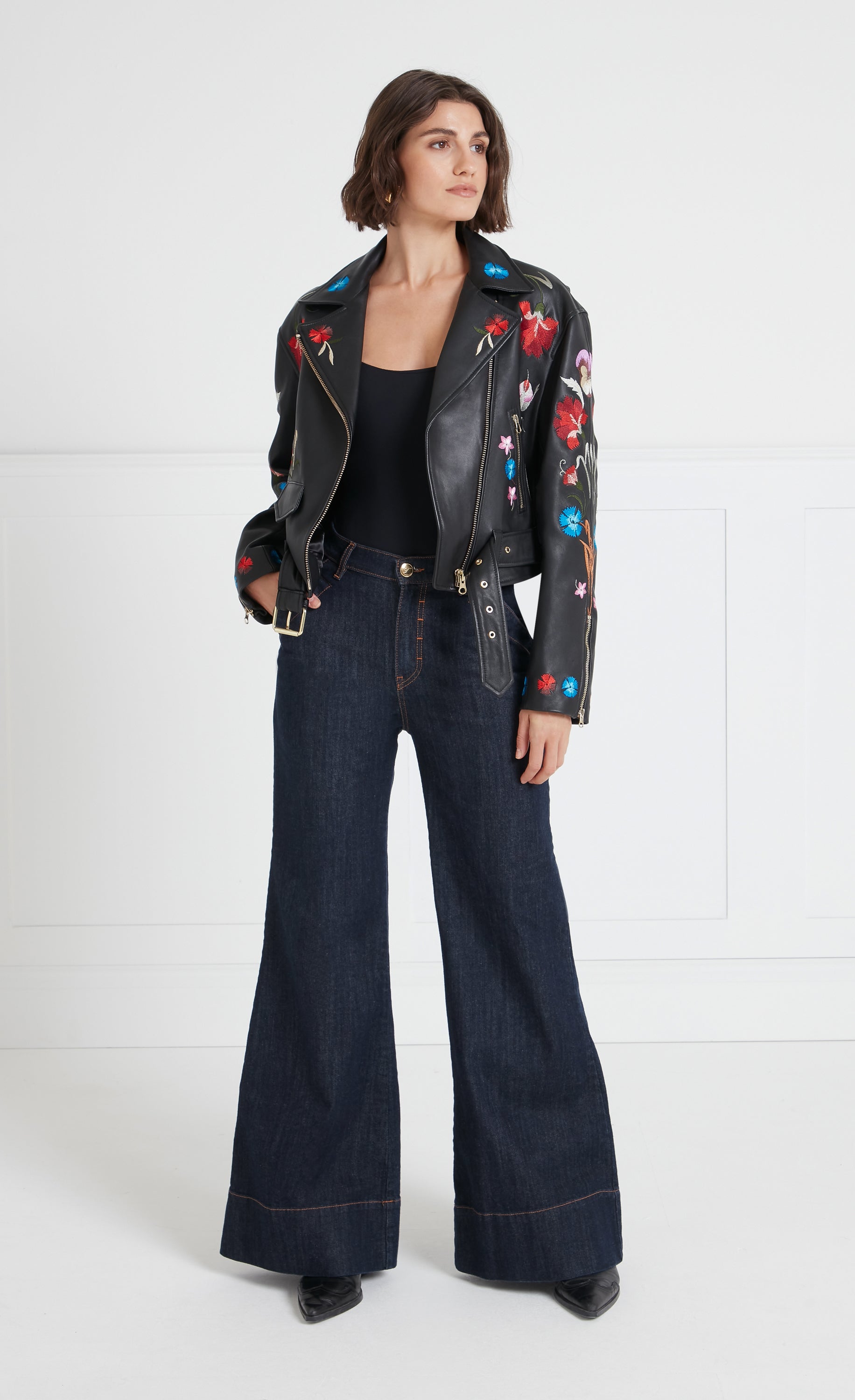 Temperley London Toledo kurtka Black skórzana haftowana