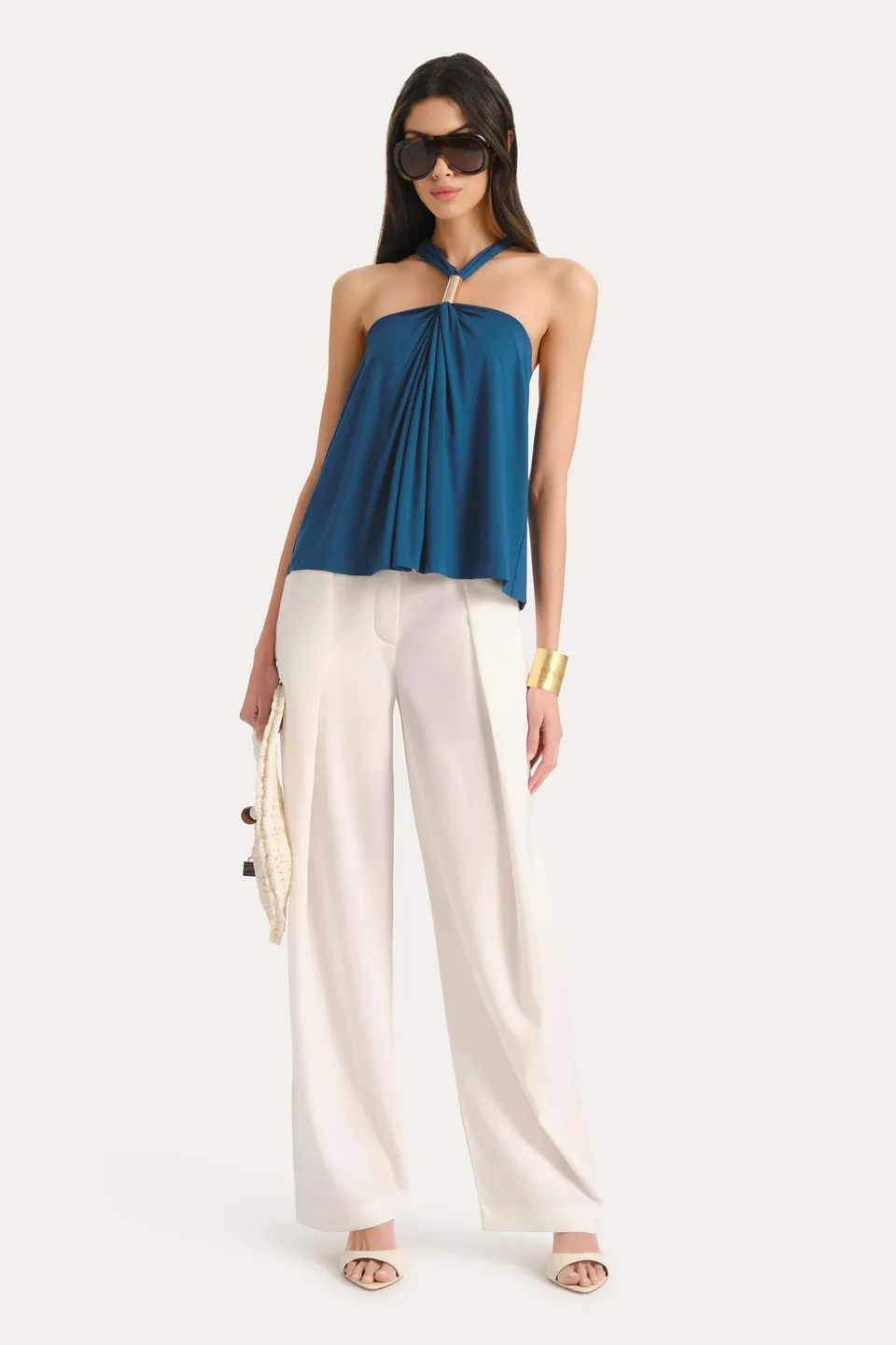 Elie Tahari Lila Halterneck top Teal Eclipse wiskozowy