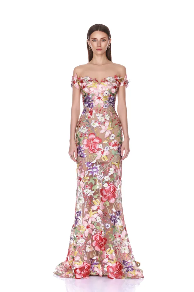 Bronx and Banco Flora 3D suknia wieczorowa koralowa maxi