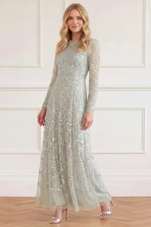 Needle & Thread Freya Long Sleeve Gown sukienka wieczorowa zielona z cekinami