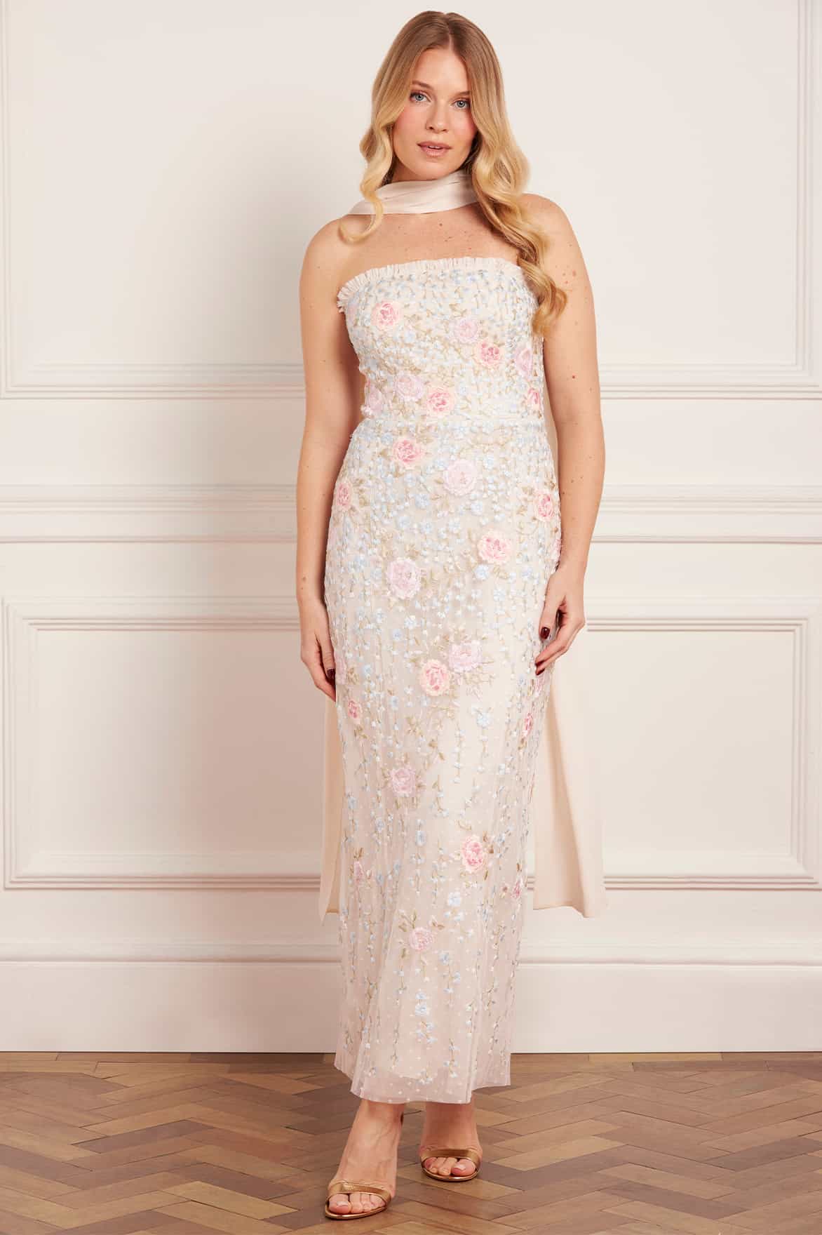 Needle & Thread Cressida Strapless suknia kremowa haftowana z gorsetem