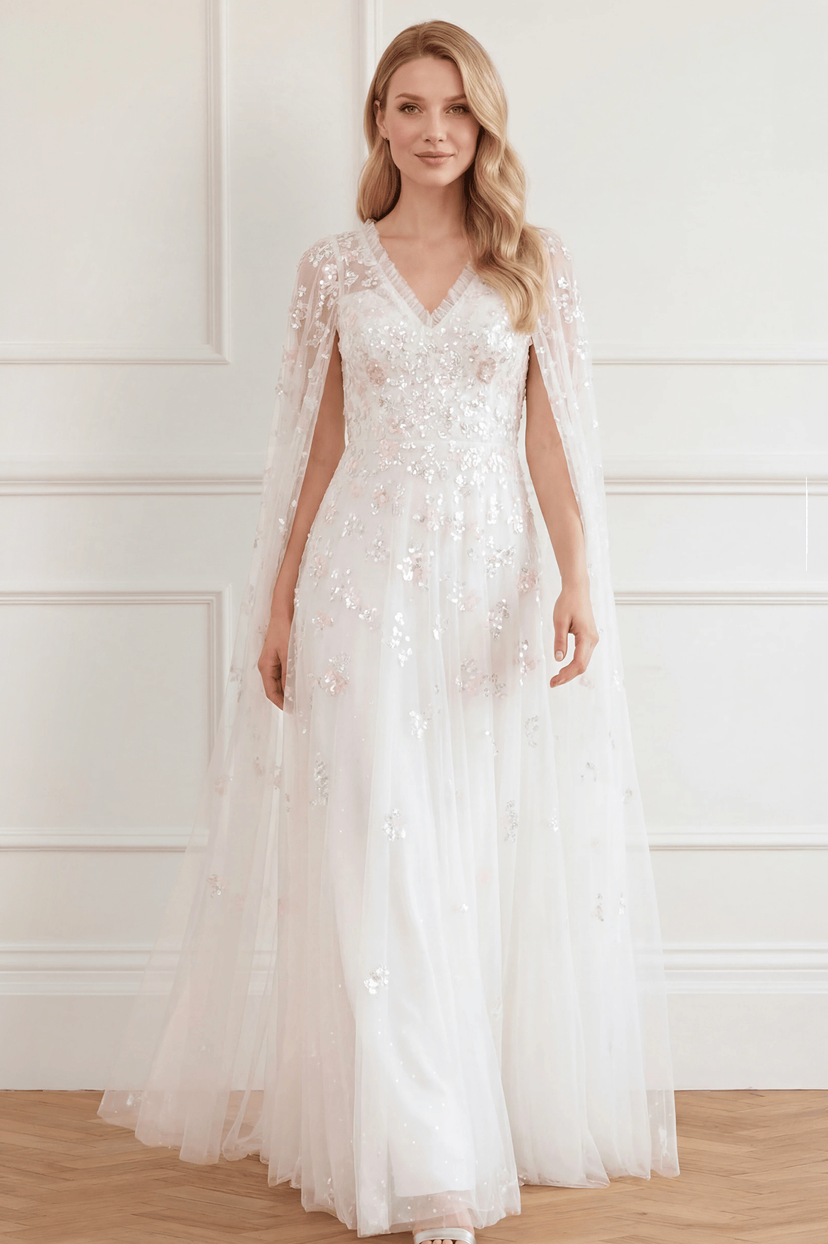 Needle & Thread Freesia Shimmer Cape Sleeve Ankle Gown suknia White