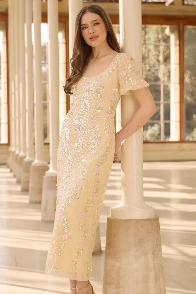 Needle & Thread Confetti Puff Sleeve Ankle Gown suknia żółta cekinowa