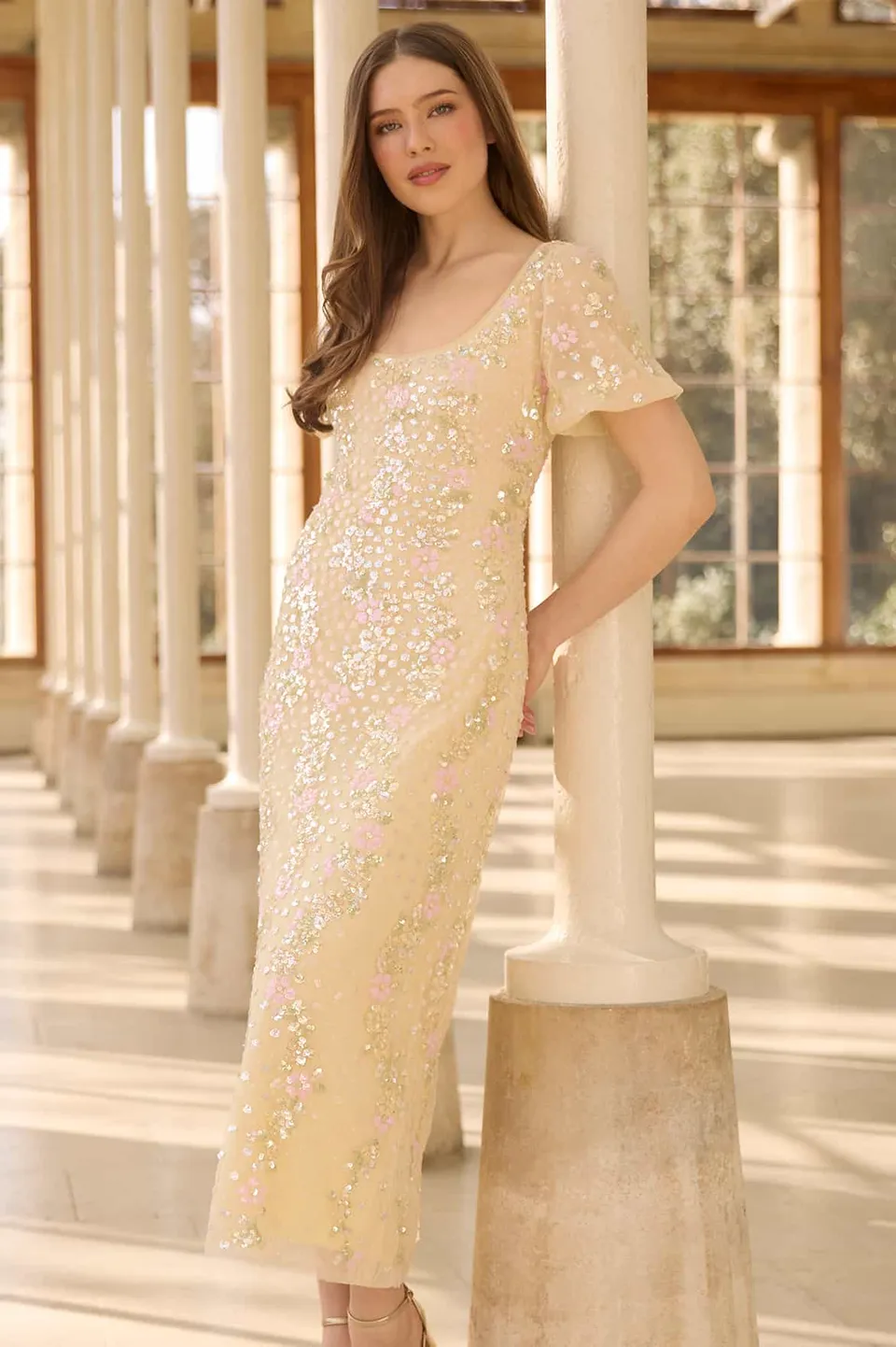 Needle & Thread Confetti Puff Sleeve Ankle Gown suknia żółta cekinowa