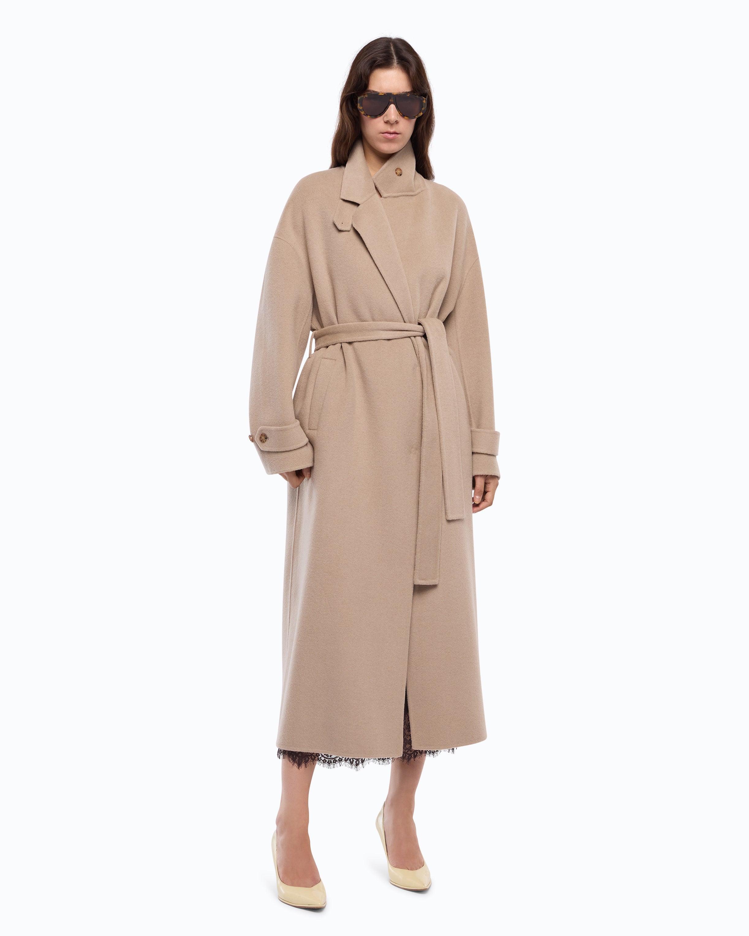 Pinko Casella płaszcz wełniany beżowy oversize z paskiem