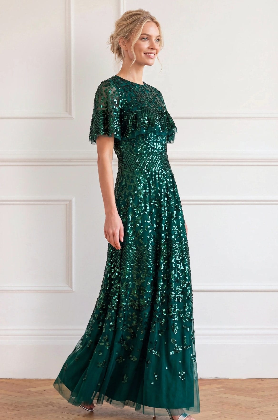Needle & Thread Snowdrop Cape Gown suknia zielona cekinowa