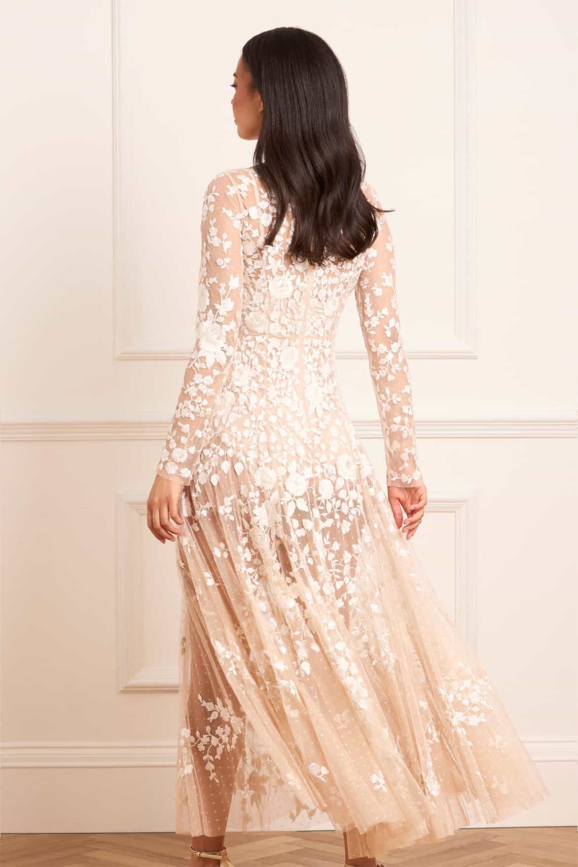 Needle & Thread Rosa Sheer Ankle Gown sukienka beżowa z haftem