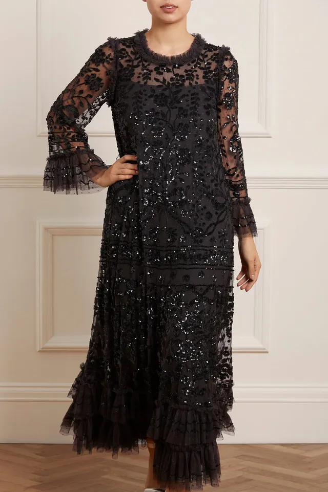 Needle & Thread Celia Long Sleeve Ankle Gown suknia czarna
