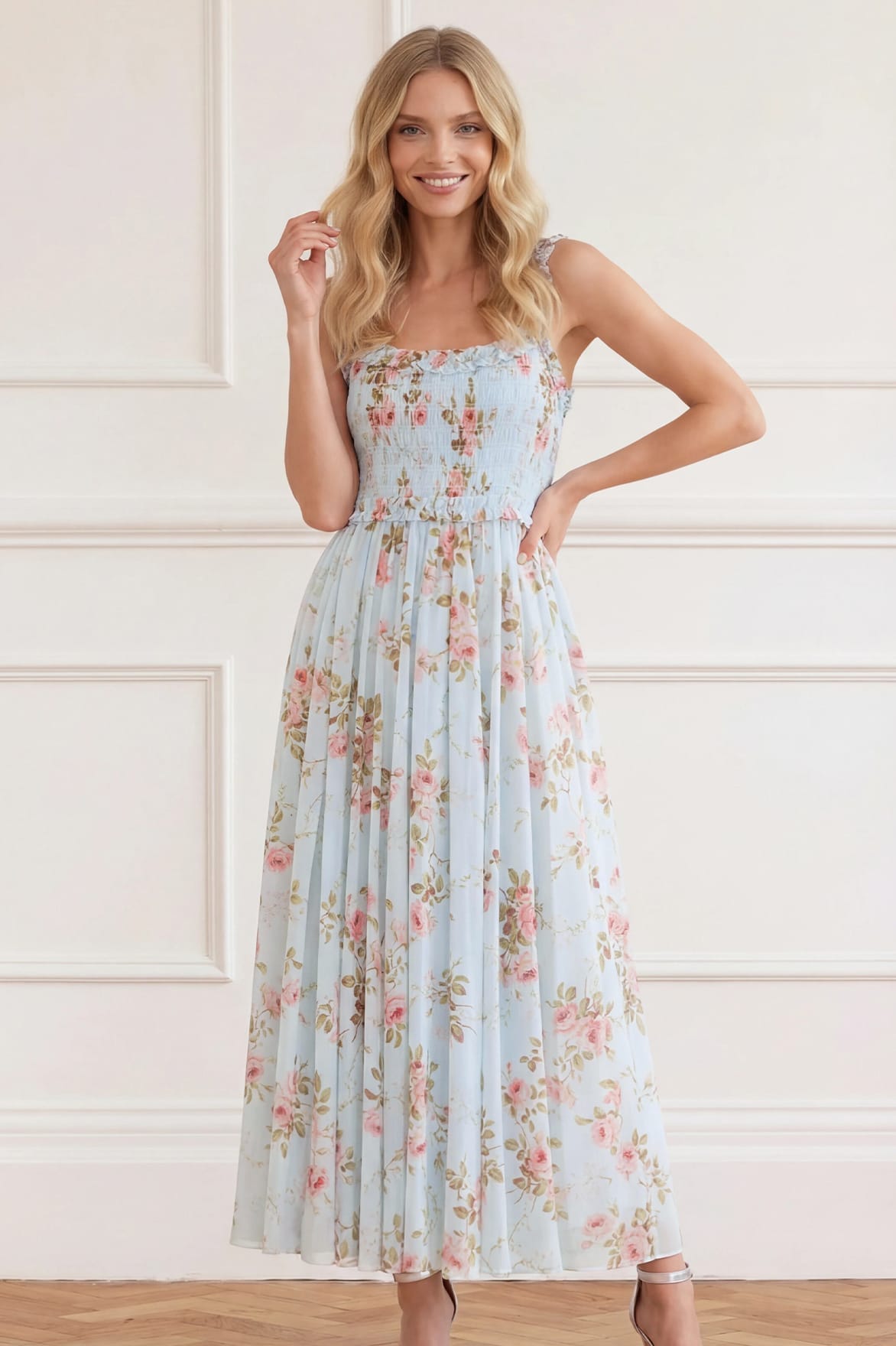 Needle & Thread Summer's Rose Chiffon Gown sukienka Blue kwiatowa