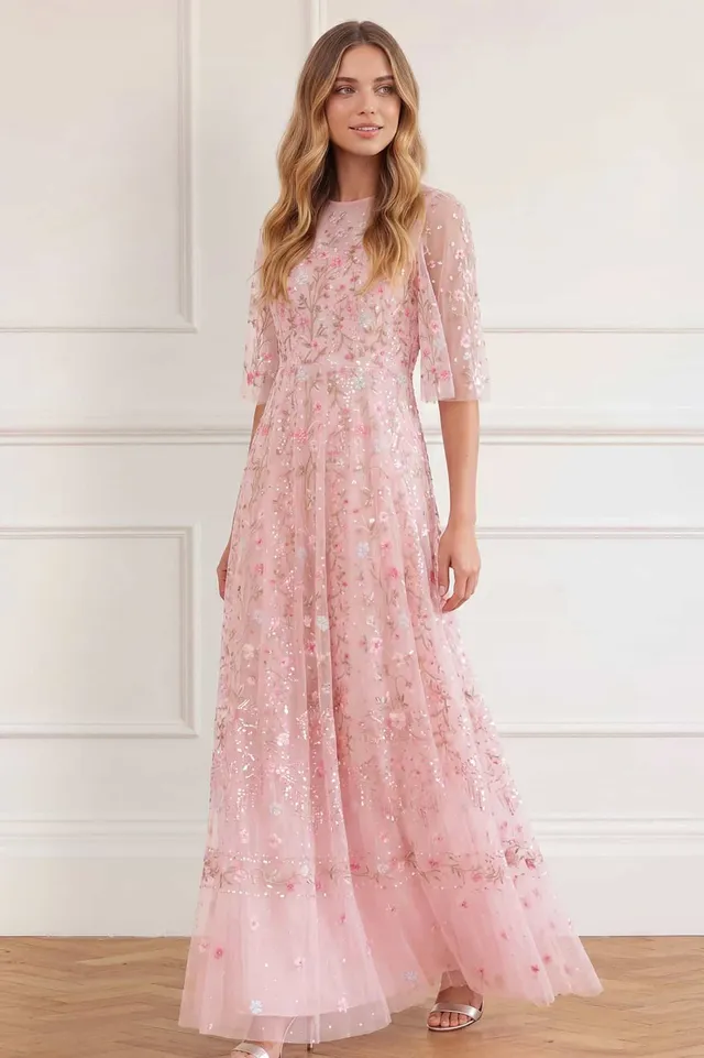 Needle & Thread Rococo Ribbon Round Neck Gown sukienka różowa maxi