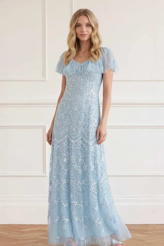 Needle & Thread Freya suknia wieczorowa aqua cekinowa
