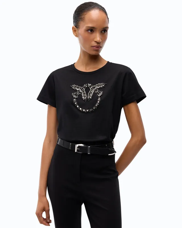 Pinko T-shirt Love Birds koszulka czarna kryształki