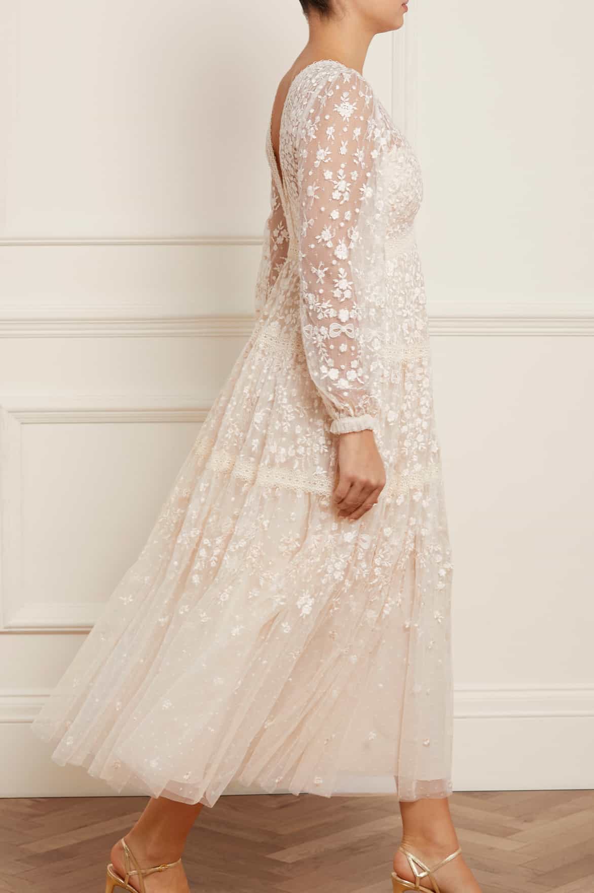Needle & Thread Celestia Ribbon Ankle Gown sukienka kremowa haftowana