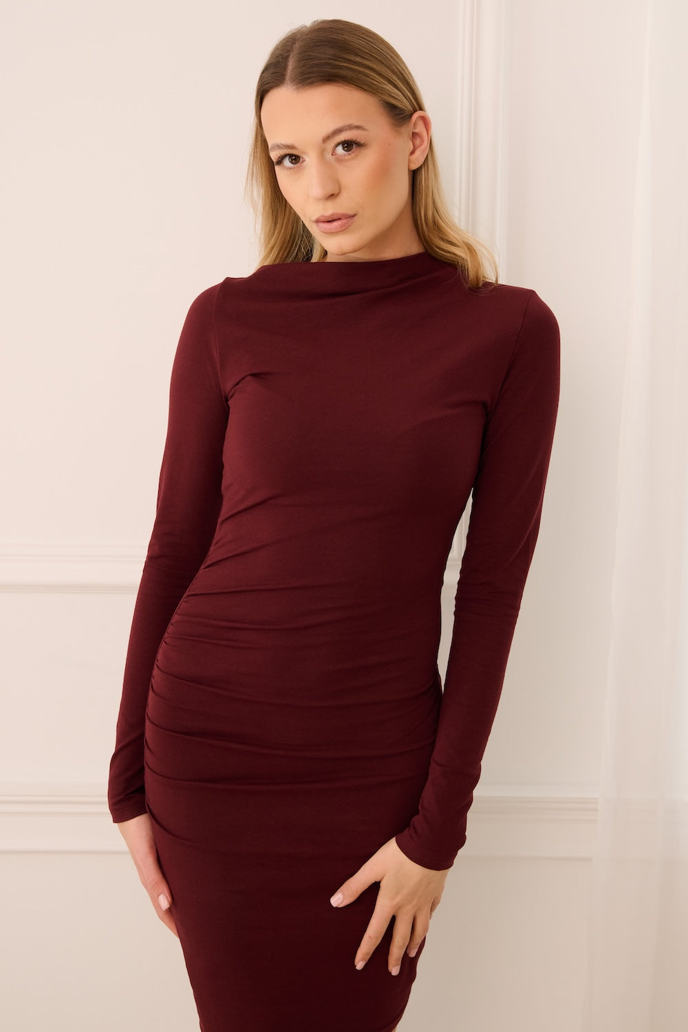 Nudyess Sharon sukienka mini burgund drapowana bawełna