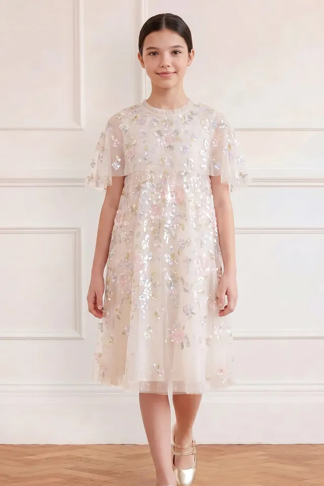 Needle & Thread Peony Bouquet Sequin Cape sukienka kremowa cekiny