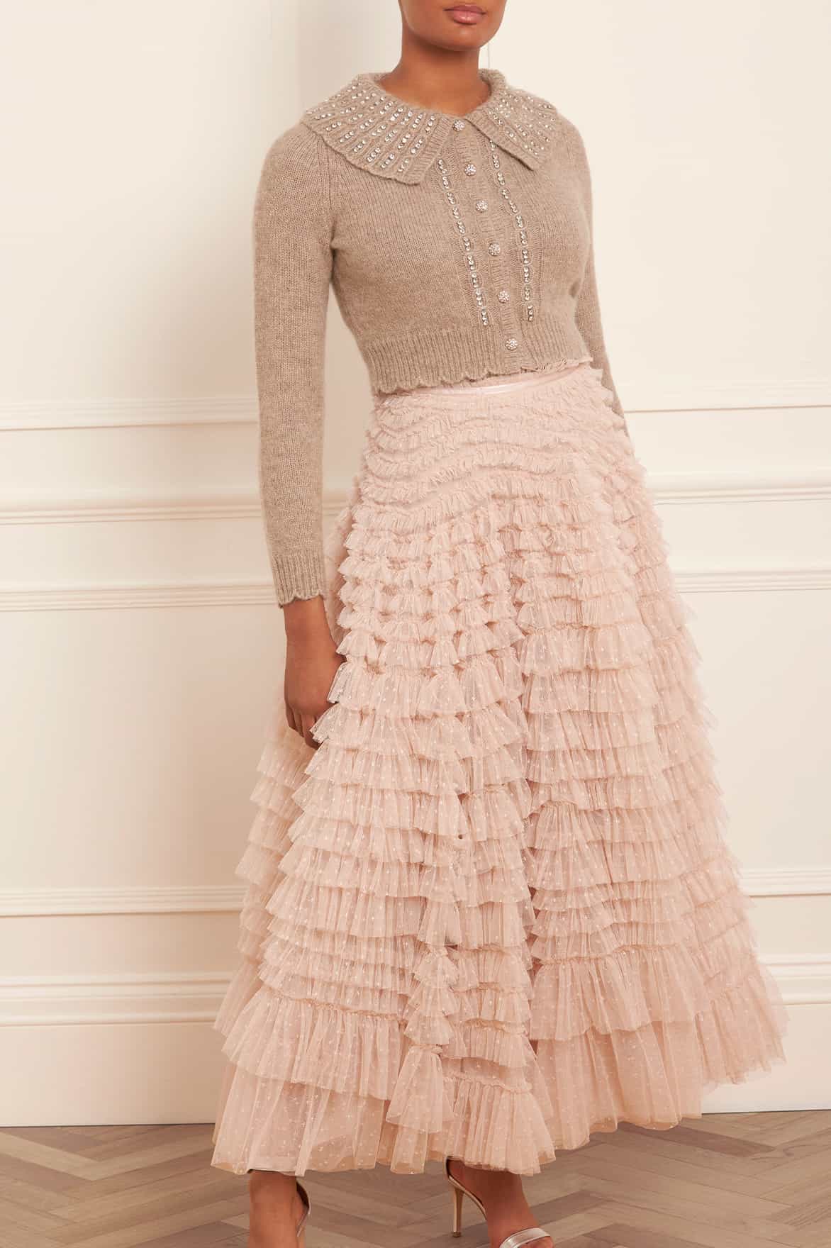 Needle & Thread Hattie Ruffle Ankle Skirt spódnica beżowa tiul