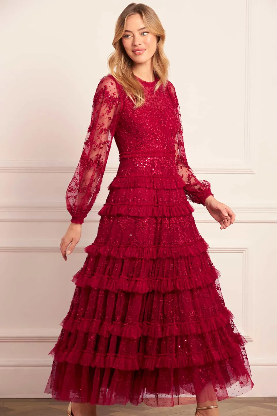 Needle & Thread Blossom Lace Ankle Gown sukienka czerwona koronkowa