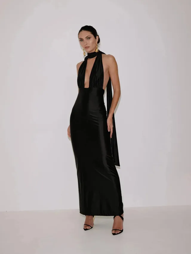 Delfi Collective Athena sukienka czarna maxi satynowa