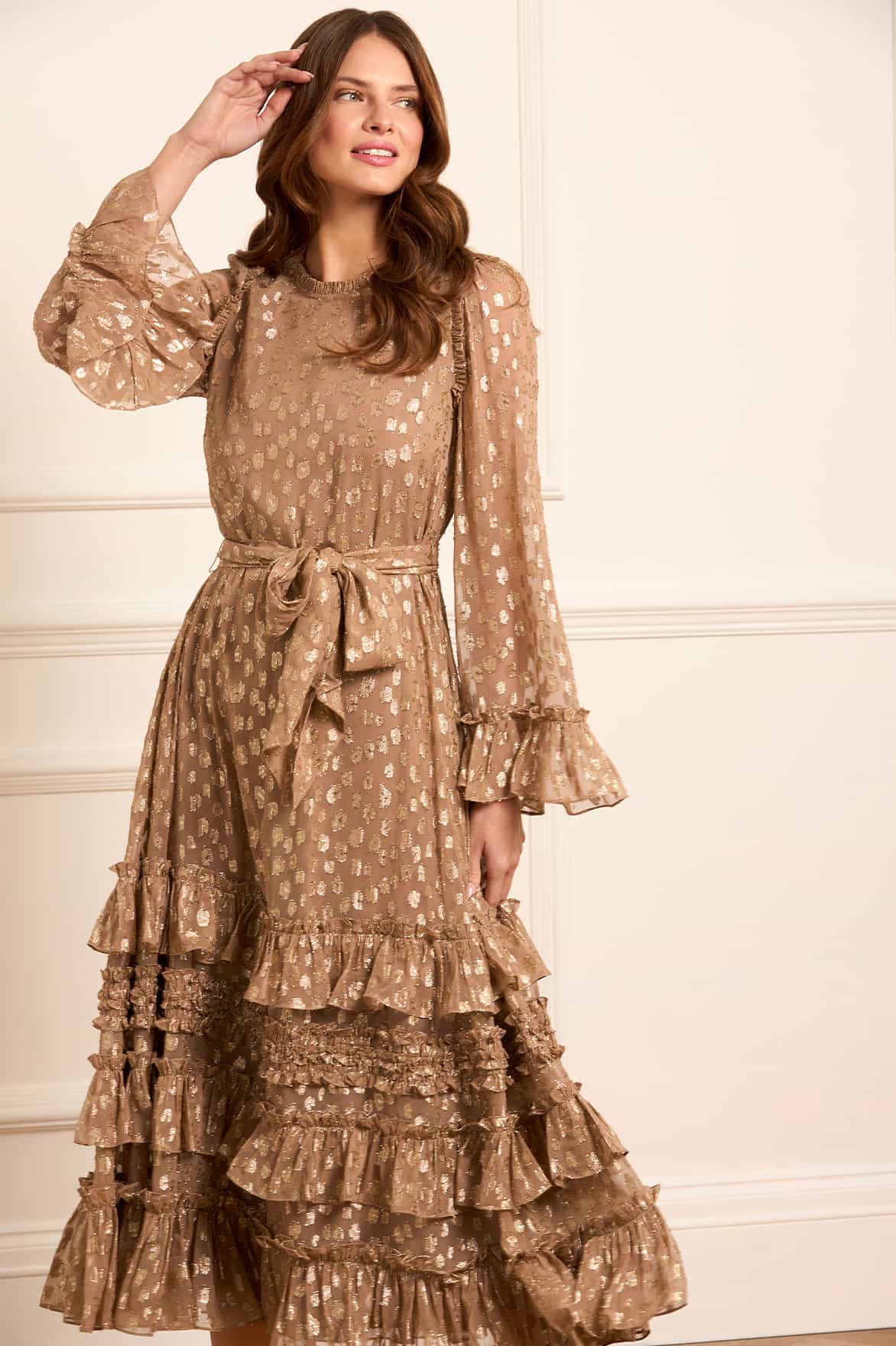 Needle & Thread Odelle Lurex Gown sukienka brązowa z lureksem