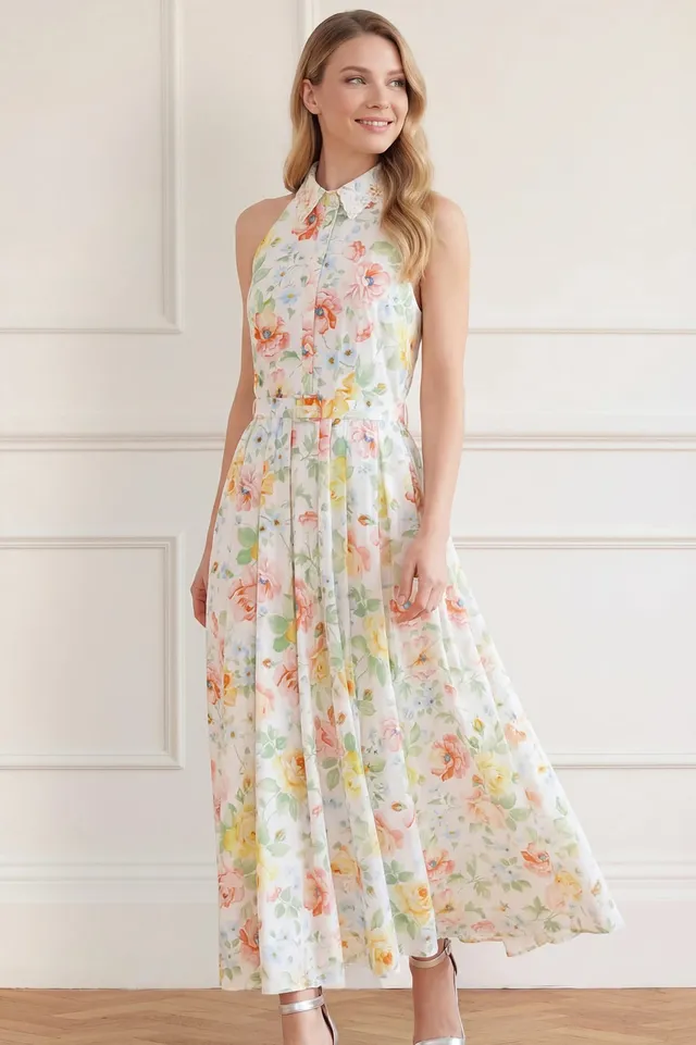 Needle & Thread Sienna Rose Cotton Halter Ankle Gown sukienka biała